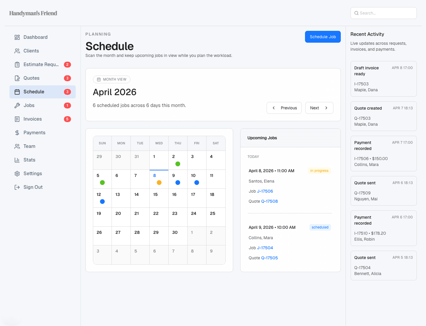 Schedule view with monthly schedule and upcoming jobs in Handyman’s Friend.