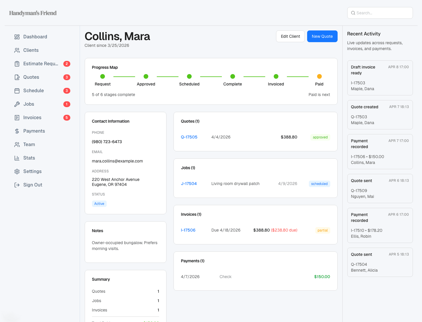 Clients view in Handyman’s Friend showing customer records and workflow progress.