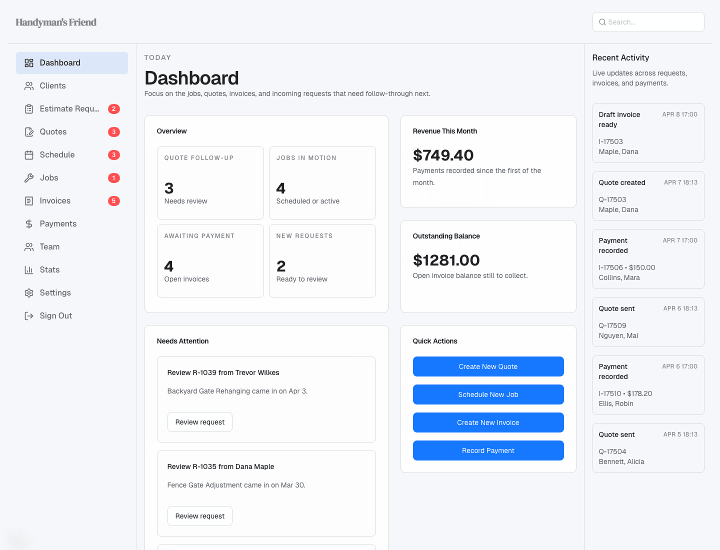 Handyman’s Friend dashboard showing overview, revenue, balance, and recent activity.