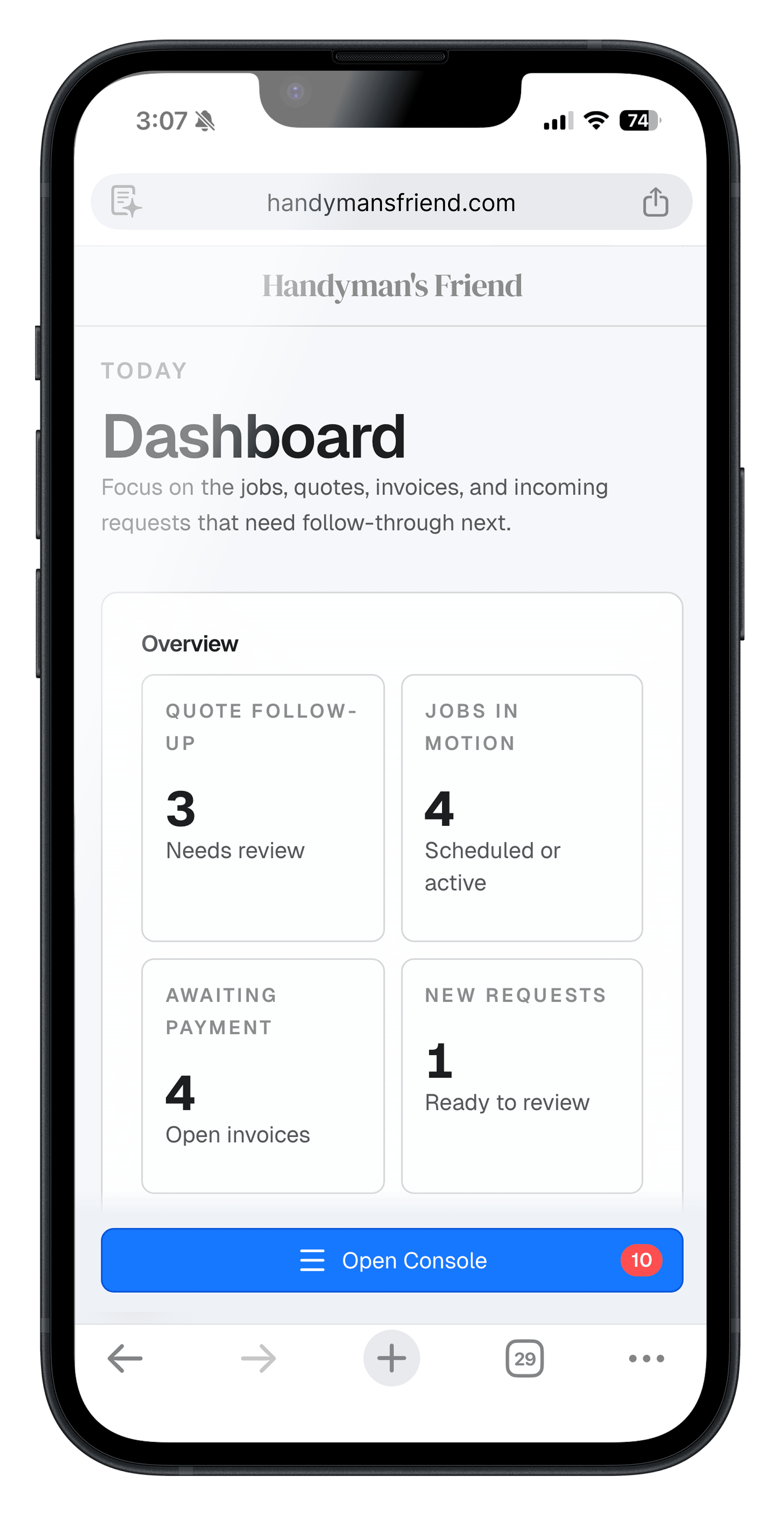 Mobile dashboard screen in Handyman’s Friend.