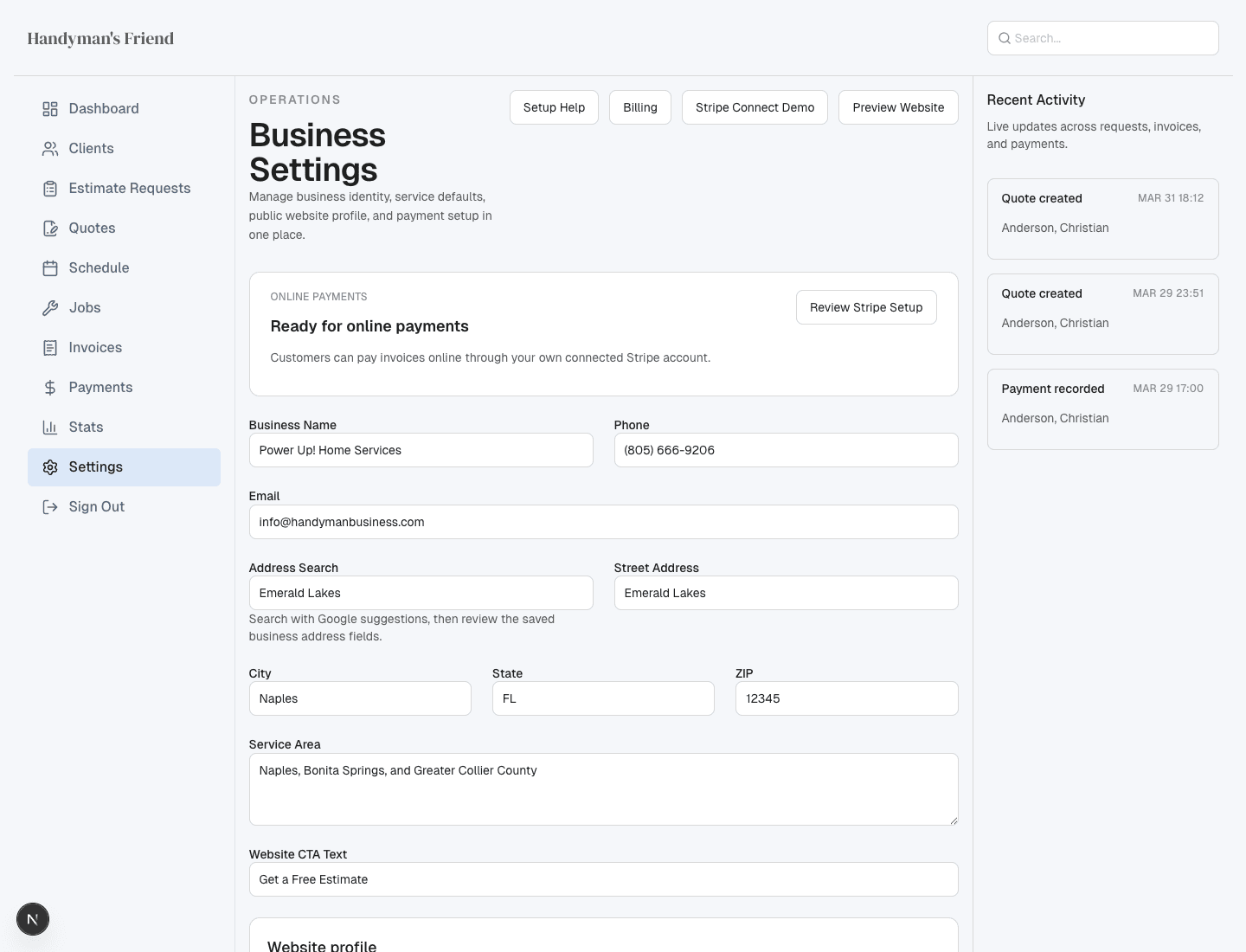 Business settings page in Handyman’s Friend showing company and website setup fields.